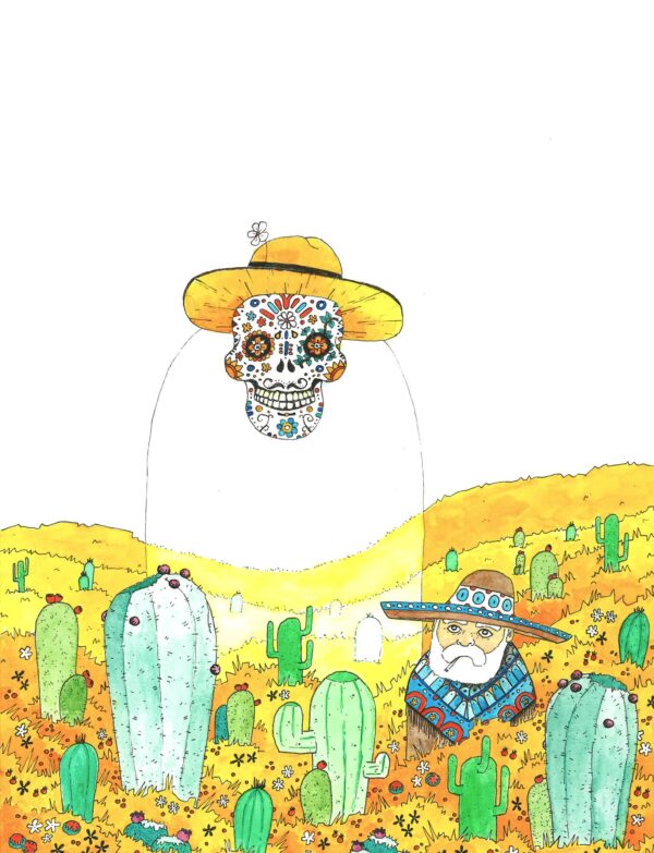 illustration aquarelle calavera squelette tête de mort désert cactus