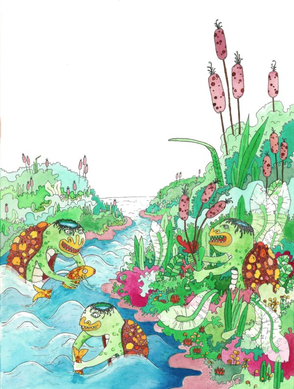 Aquarelle rivière kappa yokai tortue mythologie japon