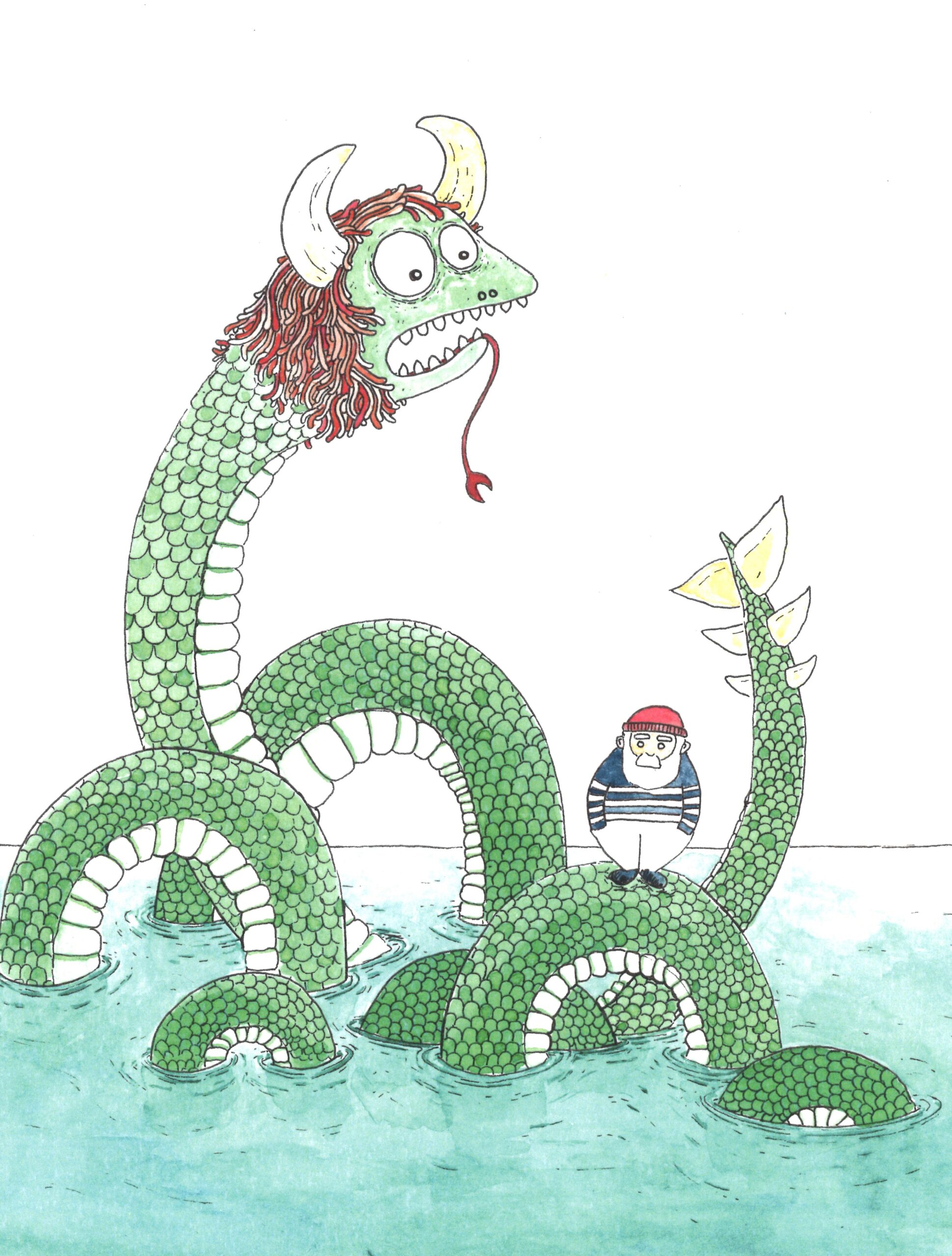 Monstre mythologique du Lochness serpent dragon aquarelle dessin illustration